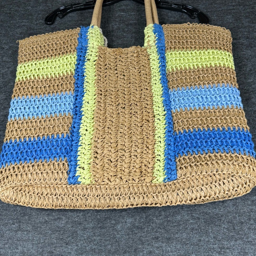 Shore Thing Woven Straw Beach Tote Bag‎ Striped Blue Lime Green Shell Tassel - Picture 6 of 12